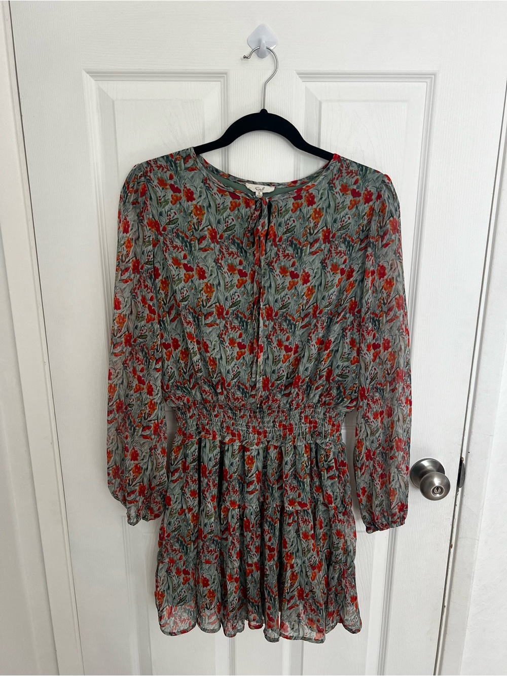 easel Green Floral Long-Sleeve Smocked Mini Dress with Red Flowers